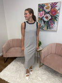 Monroe Dress, stripe sleeveless knit midi dress