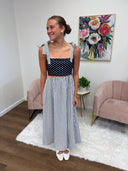 Matilda Dress, polka dot smocked midi dress