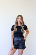 Halston Short, black leather shorts, view 2